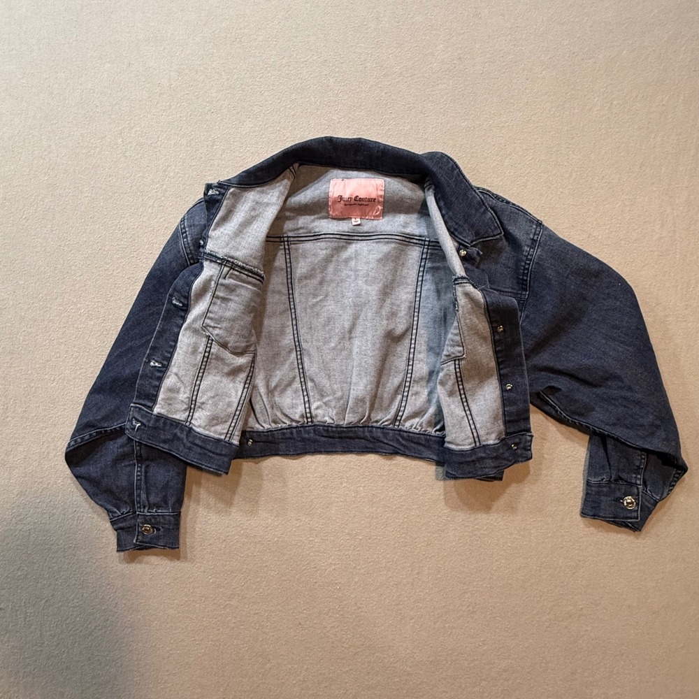 Juicy Couture Y2K Cropped Dark Wash Denim Blue Jean Jacket Women‎ Size L - Picture 6 of 12